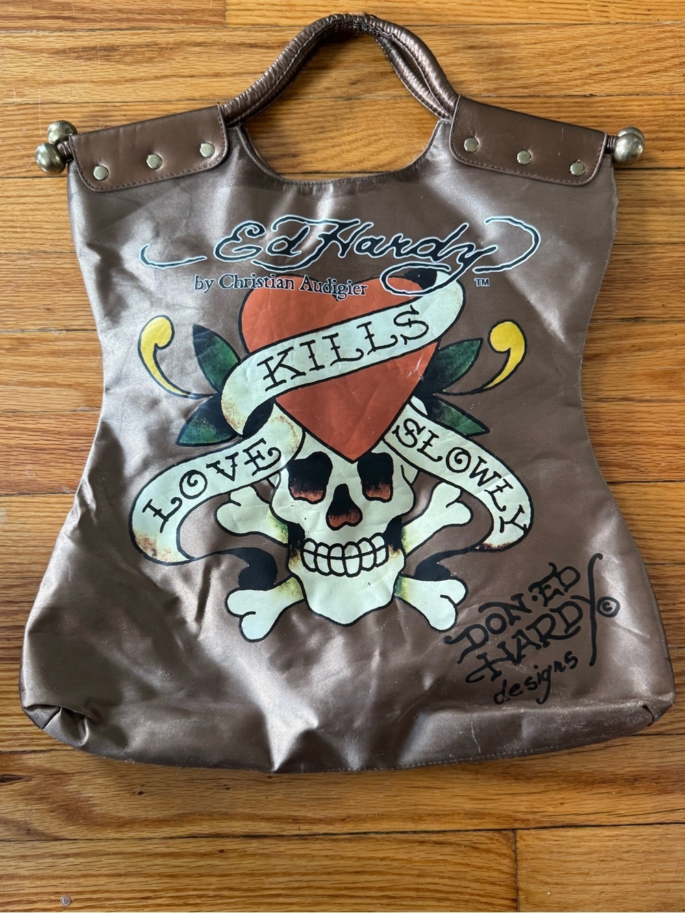 Ed Hardy Brown Satin Tote with Red Heart & Tattoo Skull Graphic